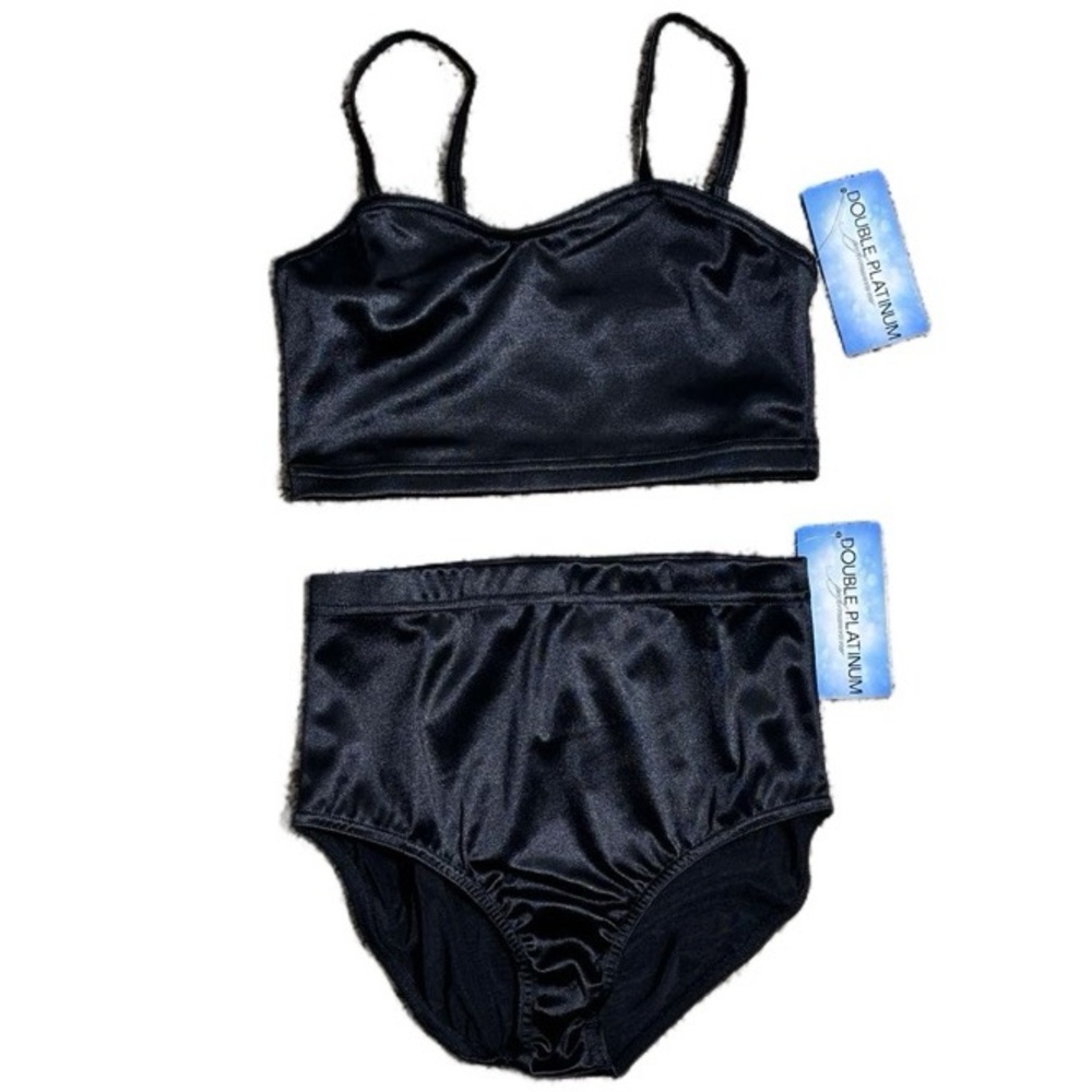Double Platinum 2 piece Black Dance set Satin crop‎ Top and Briefs Adult S NWT